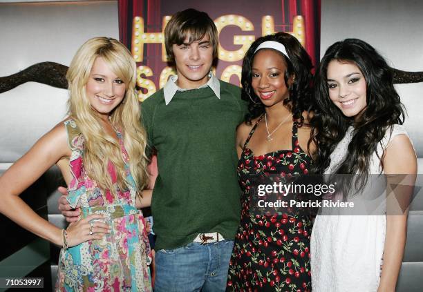 Actors Ashley Tisdale, Zac Efron, Monique Coleman and Vanessa Anne Hudgens attend a photo call for "High School Musical" at the Quay Restaurant on...