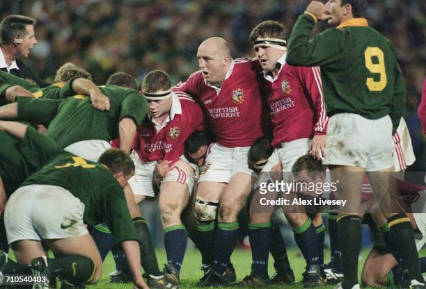 The front rows, with South Africa on the left, prepare for a scrum during the First Test on the British Lions tour to South Africa, at Newlands...