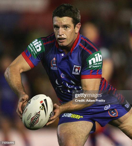 Danny Buderus of the Knights passes during the round 12 NRL match between the Newcastle Knights and the St George Illawarra Dragons at Energy...