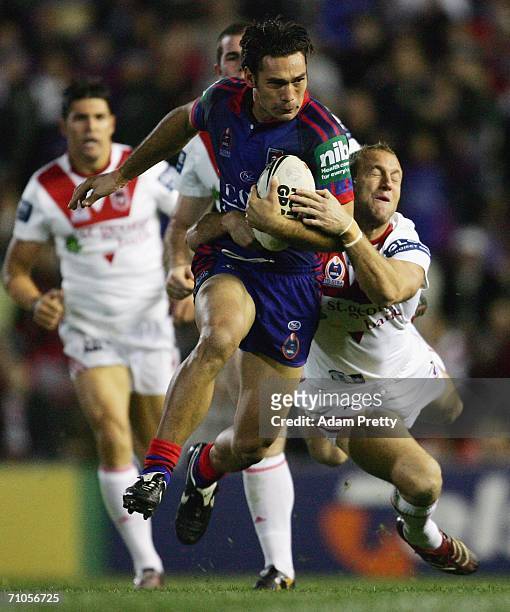 George Carmont of the Knights runs during the round 12 NRL match between the Newcastle Knights and the St George Illawarra Dragons at Energy...