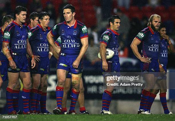 Andrew Johns and and the Knights dejected after a Dragons try during the round 12 NRL match between the Newcastle Knights and the St George Illawarra...