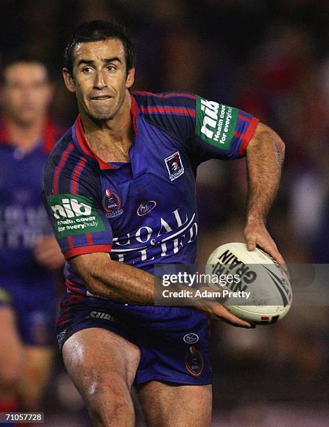 Andrew Johns of the Knights passes during the round 12 NRL match between the Newcastle Knights and the St George Illawarra Dragons at Energy...