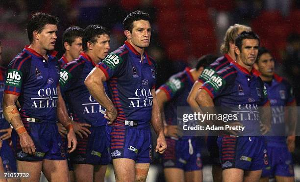 Danny Buderus and and the Knights look dejected after a Dragons try during the round 12 NRL match between the Newcastle Knights and the St George...