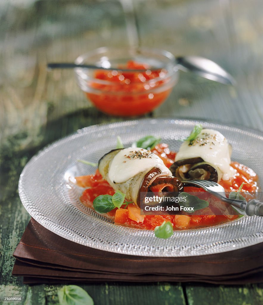 Roulades with mozzarella in plate, close-up