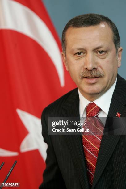 Turkish Prime Minister Recep Tayyip Erdogan speaks to the media after talks with German Chancellor Angela Merkel May 26, 2006 at the Chancellery in...