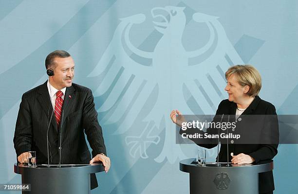 German Chancellor Angela Merkel and Turkish Prime Minister Recep Tayyip Erdogan speak to each other and the media after talks May 26, 2006 at the...