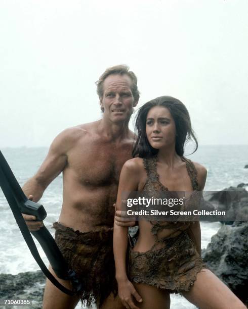 Charlton Heston as George Taylor and Linda Harrison as Nova in a scene from director Franklin Schaffner's film, 'Planet of the Apes', 1968.