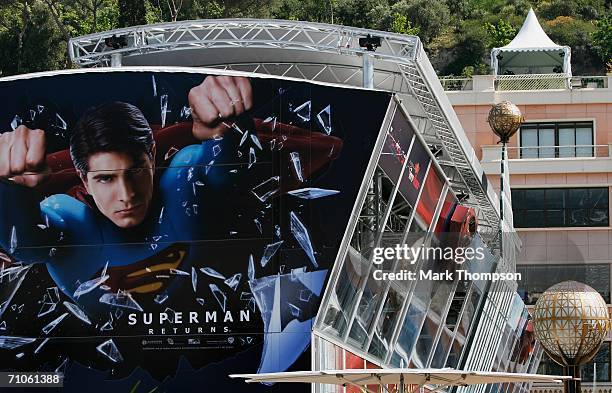 General view of the "Superman Returns" sponsored Red Bull Racing hospitality unit during previews for the Monaco Formula One Grand Prix at the Monte...