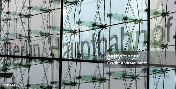 The inscription of Berlin Hauptbahnhof is seen at the official inauguration of the new Hauptbahnhof main railway station during opening ceremonies...