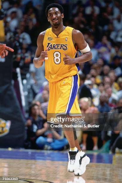 Kobe Bryant of the Los Angeles Lakers runs down court against the Philadelphia 76ers during game one of the 2001 NBA Finals played June 6, 2001 at...