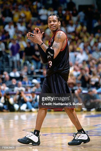 Allen Iverson of the Philadelphia 76ers claps his hands against the Los Angeles Lakers during game two of the 2001 NBA Finals played June 8, 2001 at...