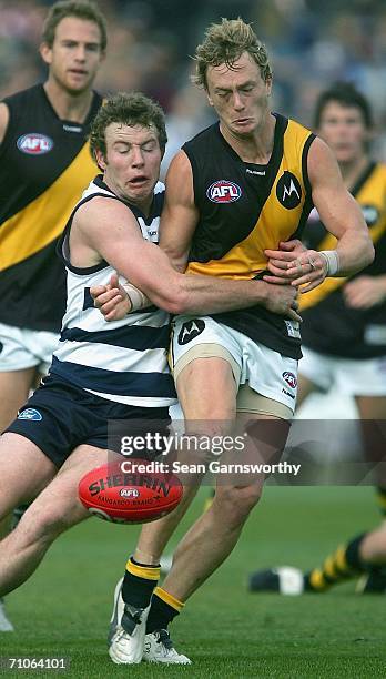 Steve Johnson for Geelong and Kayne Pettifer for Richmond in action during the round nine AFL match between the Geelong Cats and the Richmond Tigers...