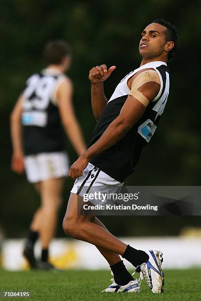 Djaran Whyman of the Rooster looks reacts to missing a goal during the round eight VFL match between the Box Hill Hawks and North Ballarat at the Box...