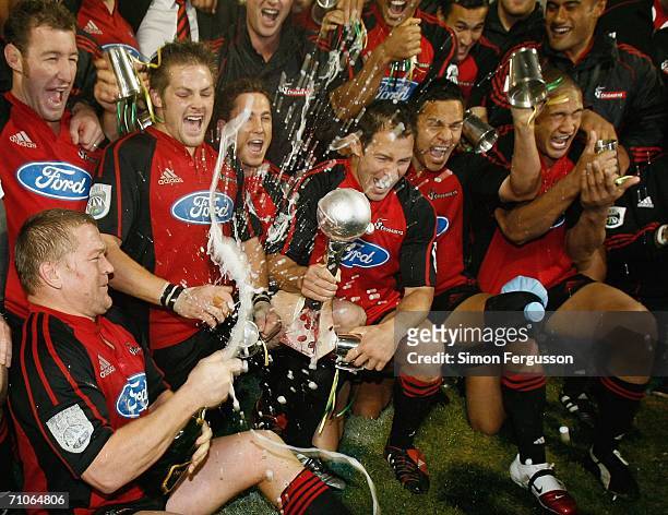 The Crusaders team celebrate after winning the Super 14 final match between the Crusaders and the Hurricanes at Jade Stadium May 27, 2006 in...