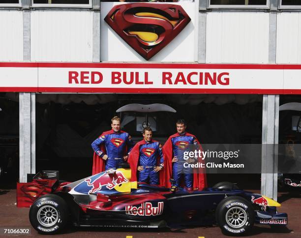 Red Bull Racing team of David Coulthard of Great Britain, Christian Klien of Austria and Robert Doornbos of the Netherlands line up in Superman...