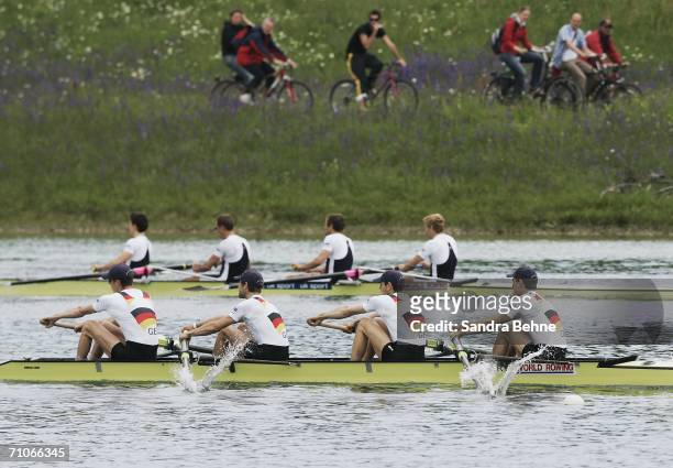 The German and the British team compete during their leightweight men's four during the Rowing World Cup at the Olympic Regatta course on May 27,...