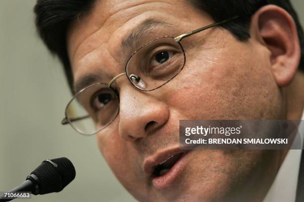 Washington, UNITED STATES: In this 06 April file photo, US Attorney General Roberto Gonzales testifies before the House Judiciary Committee on...