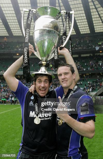 The Sale Second Row pairing of Ignacio Fernandez Lobbe and Chris Jones pose with the trophy following their team's victory during the Guinness...