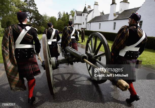 Members of the Athol Highlanders parade at Blair Atholl Castle May 27, 2006 Blair Atholl in Scotland.New regimental colours were presented to the...