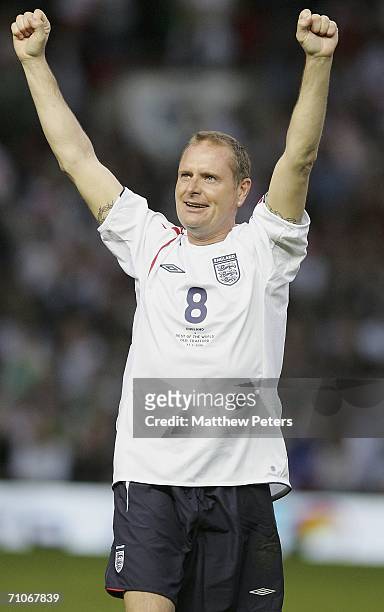 Paul Gascoigne of England celebrates at the end of the Soccer Aid Unicef and ITV Football Match between England and the Rest of the World at Old...
