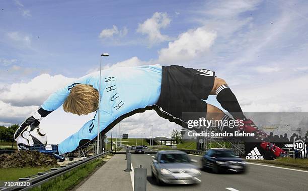 Giant poster of German National Goalkeeper Oliver Kahn is unveiled at the Munich Airport on May 27, 2006 in Munich, Germany. The 65 meter long poster...