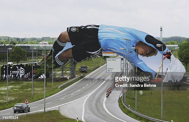 Giant poster of German National Goalkeeper Oliver Kahn is unveiled at the Munich Airport on May 27, 2006 in Munich, Germany. The 65 meter long poster...
