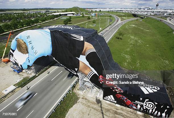 Giant poster of German National Goalkeeper Oliver Kahn is unveiled at the Munich Airport on May 28, 2006 in Munich, Germany. The 65 meter long poster...