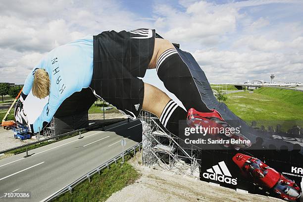 Giant poster of German National Goalkeeper Oliver Kahn is unveiled at the Munich Airport on May 28, 2006 in Munich, Germany. The 65 meter long poster...