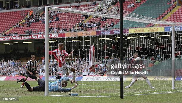 Cheltenham's Stephen Guinan's shot ends up in the back of the net during the Coca-Cola Football League Division Two Playoff Final between Cheltenham...