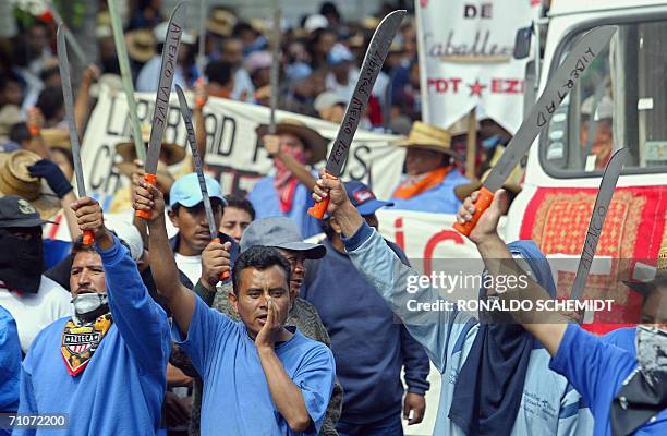 Campesinos de San Salvador Atenco marchan en Ciudad de Mexico el 28 de mayo de 2006, exigiendo respeto a los derechos humanos y la liberacion de...