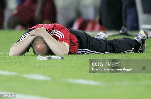 Coach Dieter Eilts looks dejected during the UEFA U21's Championship Group A match between Germany and Portugal at the Stadium D. Afonso Henriques on...