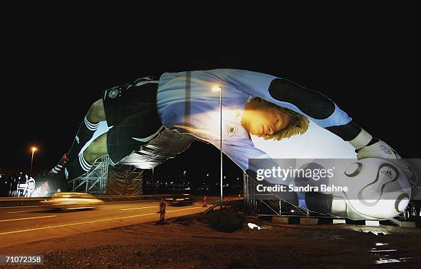 General view of a giant poster of German National Goalkeeper Oliver Kahn at the Munich Airport on May 27, 2006 in Munich, Germany. The 65 meter long...