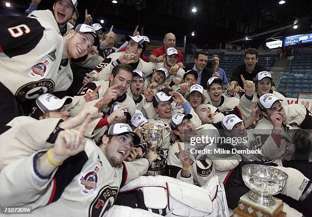 The Quebec Remparts celebrate after defeating the Moncton Wildcats 6-2 in the 2006 Memorial Cup final at the Moncton Coliseum on May 28, 2006 in...