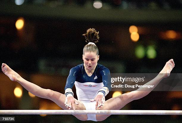 Elise Ray finished her routine in the Uneven Bars Event during the U.S. Women's Olympic Gymnastics Trials at the Fleet Center in Boston,...