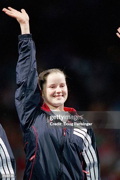 Elise Ray waves to the crowd during the U.S. Women's Olympic Gymnastics Trials at the Fleet Center in Boston, MassachusettsMandatory Credit: Doug...