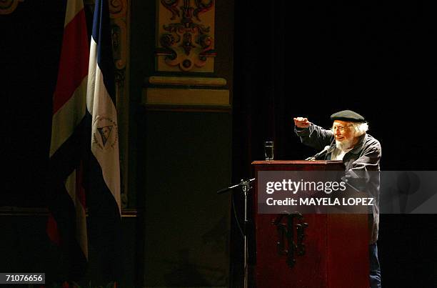 Nicaraguan writer Ernesto Cardenal delivers a speech at the National University of Costa Rica where he was presented the Honoris Causa Doctorate at...