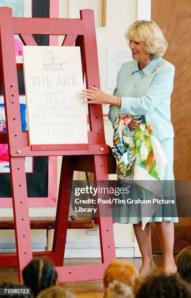 Camilla, Duchess of Cornwall unveils a plaque at the St. Pancras School in Sussex to mark the opening of the new science and art centre, on May 26,...