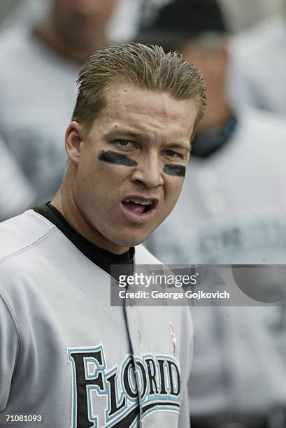 First baseman Mike Jacobs of the Florida Marlins in the dugout before the start of a game against the Pittsburgh Pirates at PNC Park on May 14, 2006...