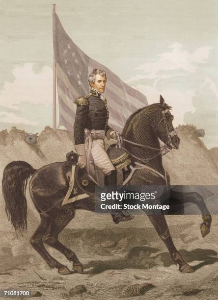 Portrait of US Army major general and future US president Andrew Jackson on horseback during the War of 1812. Jackson served two terms as president,...