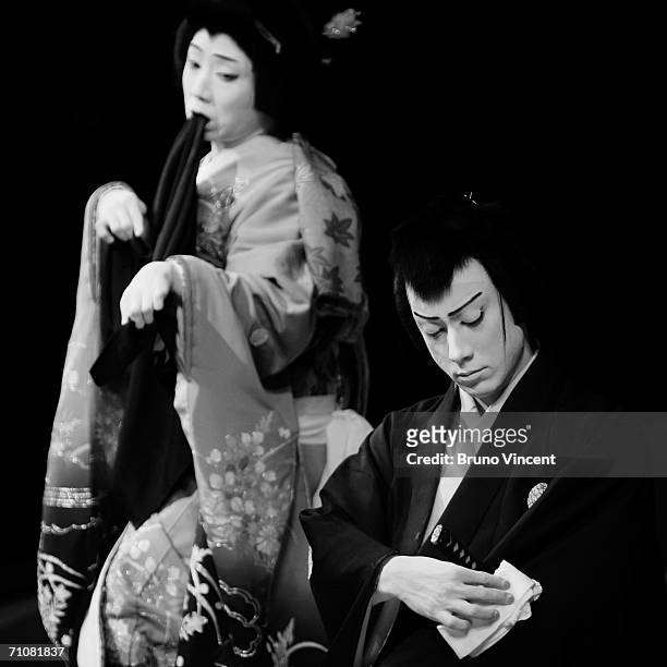 Japanese actors Ebizo Ichikawa XI and Kamejiro Ichikawa II perform as Yoeman and Kasane in Kasane as part of Kabuki at Sadlers Wells on May 30, 2006...