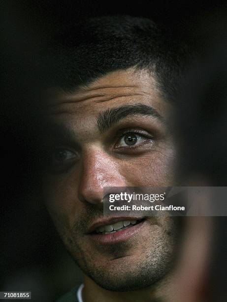 John Aloisi of Australia talks to the media after a training session as Australia prepare for the 2006 World Cup, held at the Mierlo training ground...