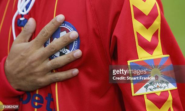 The Tibetan flag adorns a players jersey before the match between the Republic of St.Pauli and Tibet at the Millerntor Stadium on May 30, 2006 in...