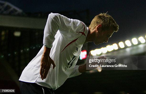 Peter Crouch of England celbrates after scoring his team's third goal during the International Friendly match between England and Hungary at Old...