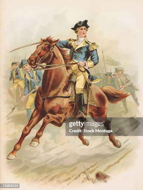 American Continental Army general and future first US president George Washington leads the American attack on British troops at the Battle of...