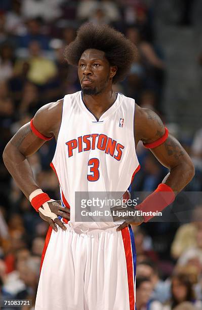 Ben Wallace of the Detroit Pistons stands on the court in game one of the Eastern Conference Finals against the Miami Heat during the 2006 NBA...