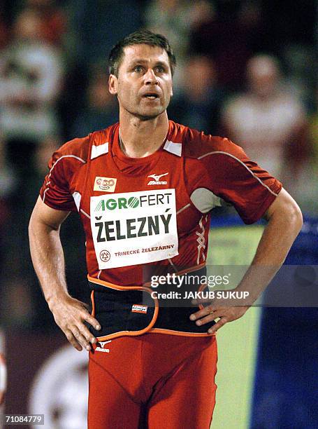 Ostrava, CZECH REPUBLIC: Jan Zelezny of the Czech republic reacts after his attempt in the javelin discipline during the IAAF World Athletics tour...