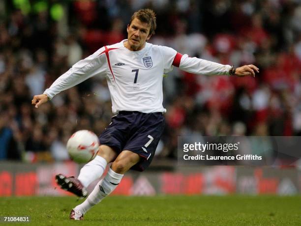 David Beckham the England Captain takes a free kick during the International Friendly match between England and Hungary at Old Trafford on May 30,...