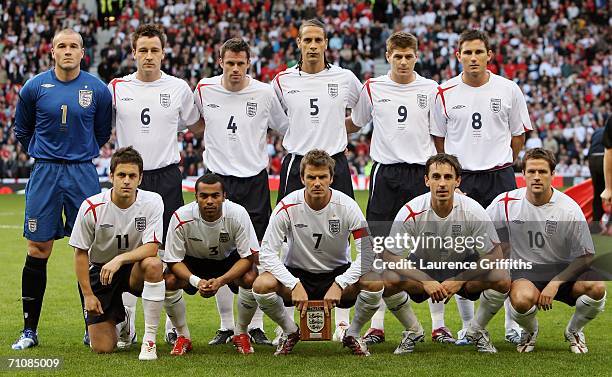 The England team line up prior to kick off during the International Friendly match between England and Hungary at Old Trafford on May 30, 2006 in...