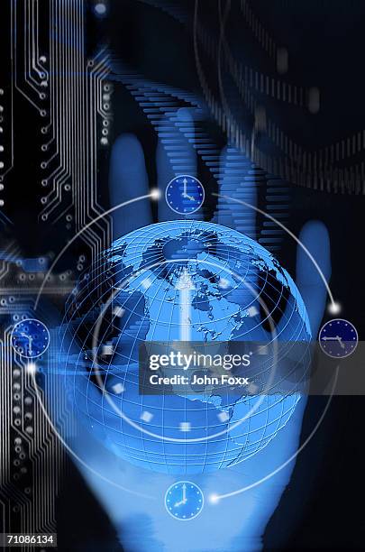 human hand with clock and circuit board on background (digitally generated) - indoor track stock illustrations