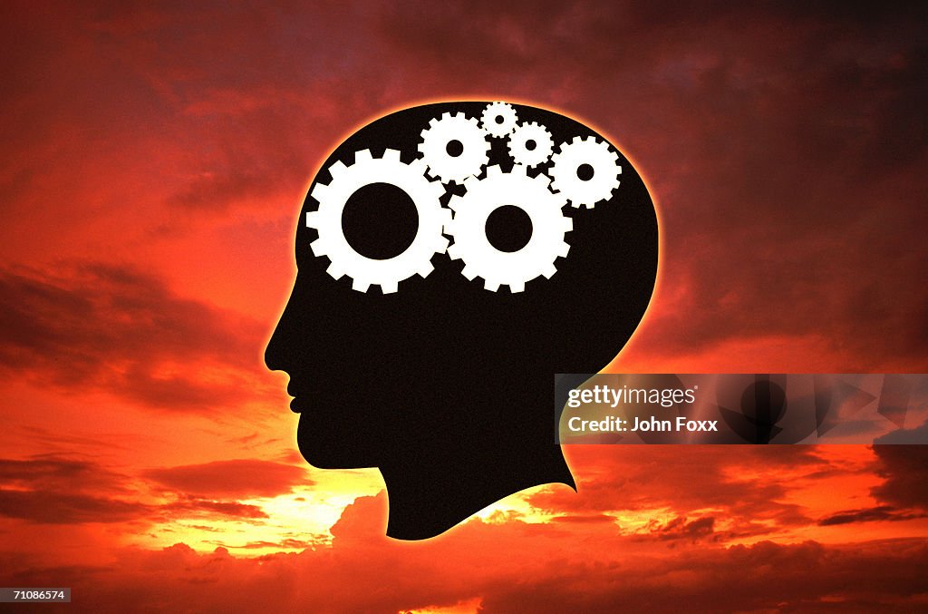 Man with gears inside head at dusk (Digital Composite)